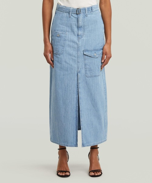 G-STAR(ジースター)の「BELTED CARGO LONG SKIRT/ベルトディテールデニムカーゴロングスカート(スカート・レディース・ライトインディゴブルー・24inch/25inch/26inch)」の1枚目の写真