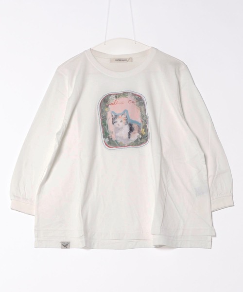 SUPER HAKKA(スーパーハッカ)の「SUPER HAKKA×庄島歩音30/-天竺「Cats portrait」プリント+ハンドステッチ刺繍ロングスリーブカットソー(Tシャツ/カットソー・レディース・オフホワイト/ブルー/ブラック・FREE)」の1枚目の写真