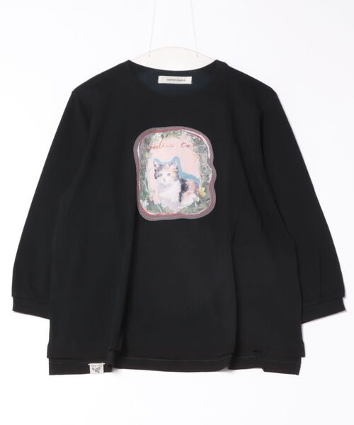 SUPER HAKKA(スーパーハッカ)の「SUPER HAKKA×庄島歩音30/-天竺「Cats portrait」プリント+ハンドステッチ刺繍ロングスリーブカットソー(Tシャツ/カットソー・レディース・オフホワイト/ブルー/ブラック・FREE)」の5枚目の写真