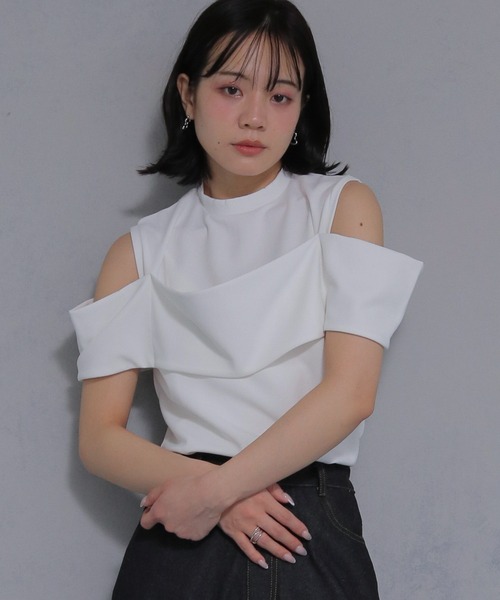 tシャツ オフショルダーフーディートップス レディース Re:EDIT tシャツ リブカットソーアシンメトリーオフショル