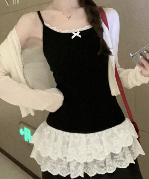 Nia(ニア)の「Nia(ニア)/ワンポイントリボン 裾フリルキャミソール(キャミソール・レディース・ブラック/ホワイト・SMALL/MEDIUM/LARGE)」の16枚目の写真
