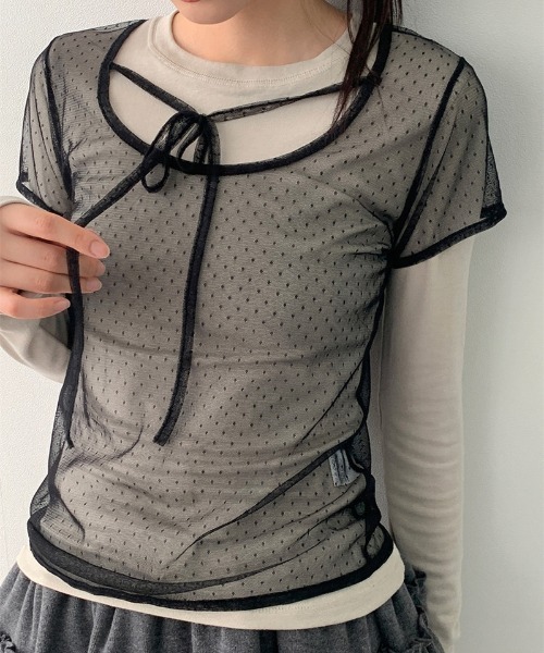 gossip!ロサンゼルス(ゴシップロサンゼルス)の「Y2K 【垢抜けレイヤードアイテム】 チュール ドット トップス(Tシャツ/カットソー・レディース・ブラック/ブラウン・FREE)」の6枚目の写真