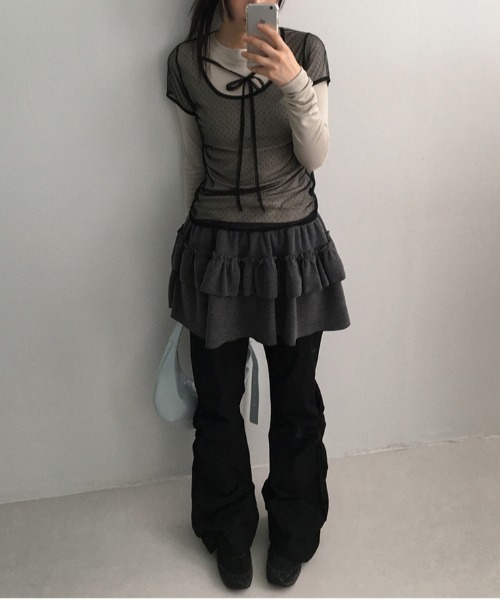 gossip!ロサンゼルス(ゴシップロサンゼルス)の「Y2K 【垢抜けレイヤードアイテム】 チュール ドット トップス(Tシャツ/カットソー・レディース・ブラック/ブラウン・FREE)」の20枚目の写真