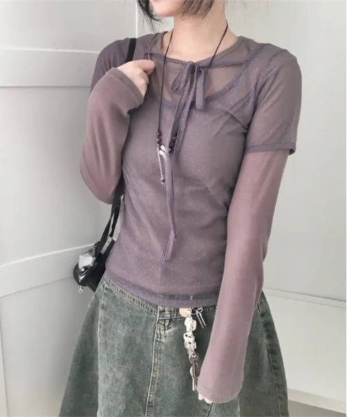 gossip!ロサンゼルス(ゴシップロサンゼルス)の「Y2K 【垢抜けレイヤードアイテム】 チュール ドット トップス(Tシャツ/カットソー・レディース・ブラック/ブラウン・FREE)」の18枚目の写真
