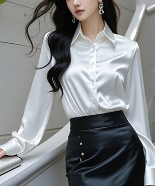 STYLEBLOCK(スタイルブロック)の「サテンシャツ(シャツ/ブラウス・レディース・パープル/ライトパープル/シャンパン/ネイビー/ライトグリーン/レッド/ブラック/ホワイト/グレー・2XL/M)」の2枚目の写真