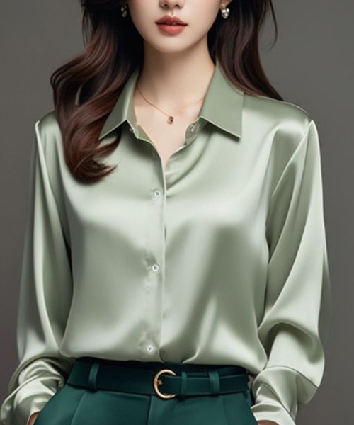 STYLEBLOCK(スタイルブロック)の「サテンシャツ(シャツ/ブラウス・レディース・パープル/ライトパープル/シャンパン/ネイビー/ライトグリーン/レッド/ブラック/ホワイト/グレー・2XL/M)」の5枚目の写真