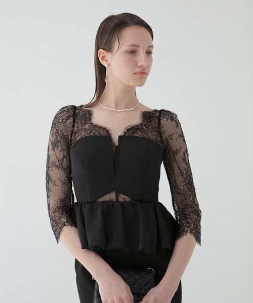 LEJA LUXE】レースストーンペプラムマーメイドドレスワンピース