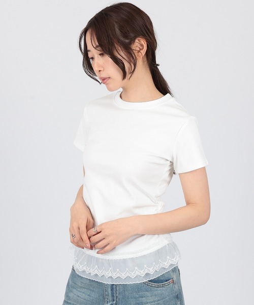 SUWDEE(スーディー)の「hem lace side gather t-shirt(Tシャツ/カットソー・レディース・グレー/ブラック/ホワイト・FREE)」の2枚目の写真