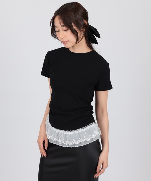 SUWDEE(スーディー)の「hem lace side gather t-shirt(Tシャツ/カットソー・レディース・グレー/ブラック/ホワイト・FREE)」の1枚目の写真