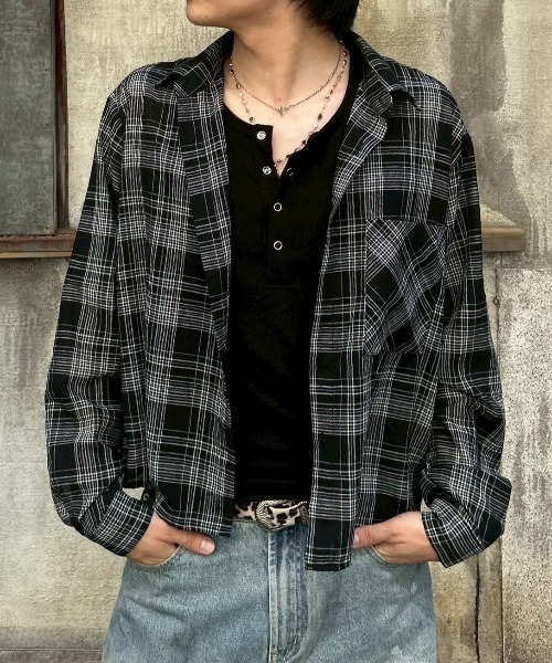 リネンビッグチェックカットソー ネイビー Chikashitsu＋】cropped linen check shirt / 【チカシツプラス