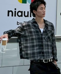 Chikashitsu +（チカシツプラス）の「【Chikashitsu +】cropped linen check shirt   【チカシツプラス】クロップドリネンチェック長袖シャツ（シャツ/ブラウス）」