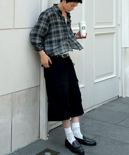 Chikashitsu +(チカシツプラス)の「【Chikashitsu +】cropped linen check shirt / 【チカシツプラス】クロップドリネンチェック長袖シャツ(シャツ/ブラウス・メンズ・ホワイト/ブラック/ネイビー・ONE SIZE)」の19枚目の写真