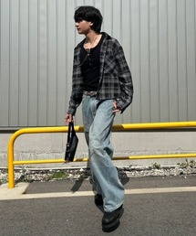 Chikashitsu +（チカシツプラス）の「【Chikashitsu +】cropped linen check shirt / 【チカシツプラス】クロップドリネンチェック長袖シャツ（シャツ/ブラウス）」