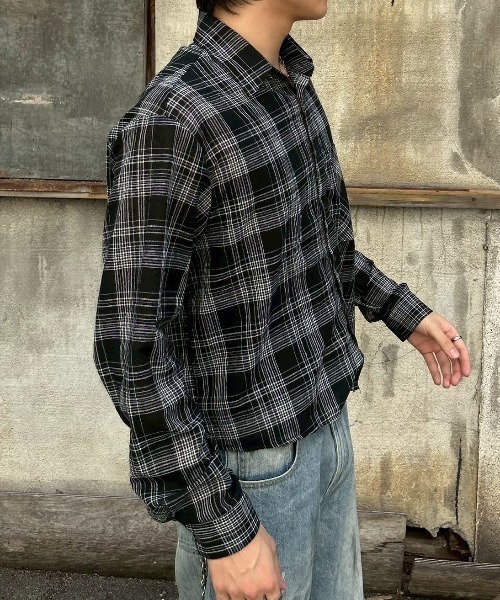Chikashitsu +（チカシツプラス）の「【Chikashitsu +】cropped linen check shirt / 【チカシツプラス】クロップドリネンチェック長袖シャツ（シャツ/ブラウス・メンズ・ホワイト/ブラック/ネイビー・ONE SIZE）」の13枚目の写真