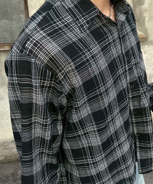 Chikashitsu +（チカシツプラス）の「【Chikashitsu +】cropped linen check shirt / 【チカシツプラス】クロップドリネンチェック長袖シャツ（シャツ/ブラウス・メンズ・ホワイト/ブラック/ネイビー・ONE SIZE）」の16枚目の写真