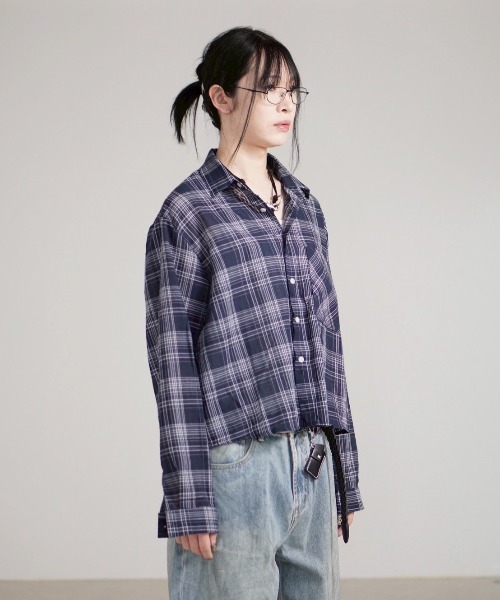 リネンビッグチェックカットソー ネイビー Chikashitsu＋】cropped linen check shirt / 【チカシツプラス