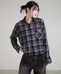 Chikashitsu +（チカシツプラス）の「【Chikashitsu +】cropped linen check shirt   【チカシツプラス】クロップドリネンチェック長袖シャツ（シャツ/ブラウス）」