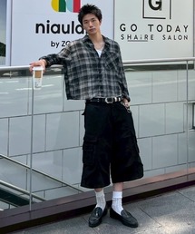 Chikashitsu +（チカシツプラス）の「【Chikashitsu +】cropped linen check shirt   【チカシツプラス】クロップドリネンチェック長袖シャツ（シャツ/ブラウス）」