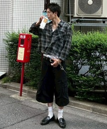 Chikashitsu +（チカシツプラス）の「【Chikashitsu +】cropped linen check shirt / 【チカシツプラス】クロップドリネンチェック長袖シャツ（シャツ/ブラウス）」