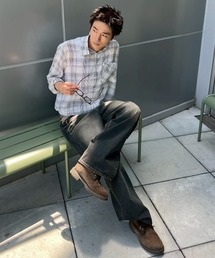 Chikashitsu +（チカシツプラス）の「【Chikashitsu +】cropped linen check shirt / 【チカシツプラス】クロップドリネンチェック長袖シャツ（シャツ/ブラウス）」