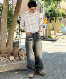 Chikashitsu +（チカシツプラス）の「【Chikashitsu +】cropped linen check shirt   【チカシツプラス】クロップドリネンチェック長袖シャツ（シャツ/ブラウス）」