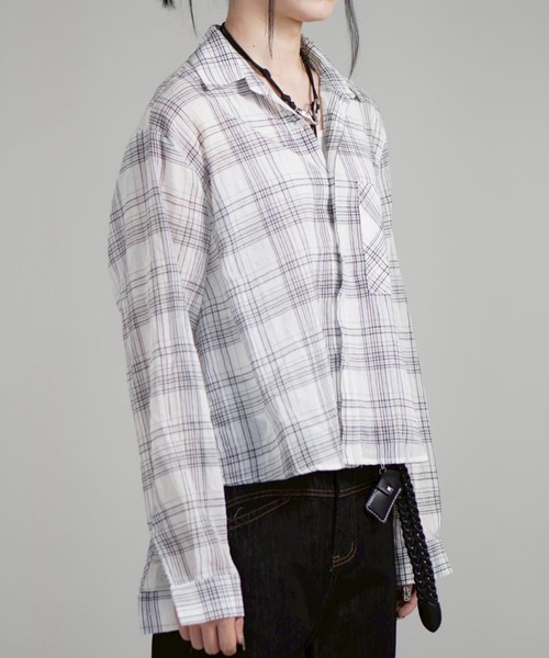 Chikashitsu +(チカシツプラス)の「【Chikashitsu +】cropped linen check shirt / 【チカシツプラス】クロップドリネンチェック長袖シャツ(シャツ/ブラウス・メンズ・ホワイト/ブラック/ネイビー・ONE SIZE)」の12枚目の写真