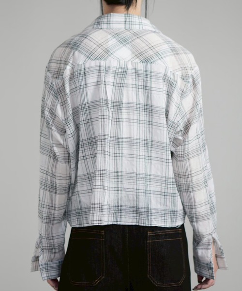 Chikashitsu +(チカシツプラス)の「【Chikashitsu +】cropped linen check shirt / 【チカシツプラス】クロップドリネンチェック長袖シャツ(シャツ/ブラウス・メンズ・ホワイト/ブラック/ネイビー・ONE SIZE)」の13枚目の写真