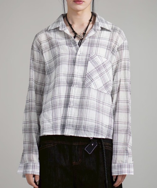 Chikashitsu +(チカシツプラス)の「【Chikashitsu +】cropped linen check shirt / 【チカシツプラス】クロップドリネンチェック長袖シャツ(シャツ/ブラウス・メンズ・ホワイト/ブラック/ネイビー・ONE SIZE)」の11枚目の写真