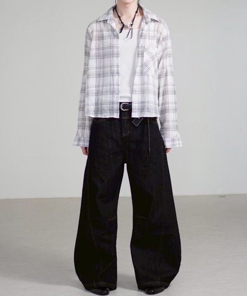Chikashitsu +(チカシツプラス)の「【Chikashitsu +】cropped linen check shirt / 【チカシツプラス】クロップドリネンチェック長袖シャツ(シャツ/ブラウス・メンズ・ホワイト/ブラック/ネイビー・ONE SIZE)」の8枚目の写真