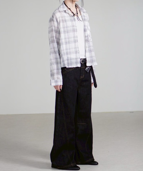 Chikashitsu +(チカシツプラス)の「【Chikashitsu +】cropped linen check shirt / 【チカシツプラス】クロップドリネンチェック長袖シャツ(シャツ/ブラウス・メンズ・ホワイト/ブラック/ネイビー・ONE SIZE)」の9枚目の写真