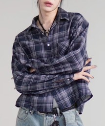 Never mind the XU / Chikashitsu+（ネバーマインド ザ エックスユー / チカシツプラス）の「【Chikashitsu +】cropped linen check shirt / 【チカシツプラス】クロップドリネンチェック長袖シャツ（シャツ/ブラウス）」