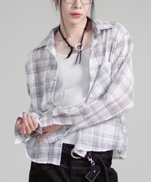 Chikashitsu +（チカシツプラス）の「【Chikashitsu +】cropped linen check shirt / 【チカシツプラス】クロップドリネンチェック長袖シャツ（シャツ/ブラウス）」