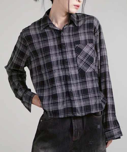 Chikashitsu +(チカシツプラス)の「【Chikashitsu +】cropped linen check shirt / 【チカシツプラス】クロップドリネンチェック長袖シャツ(シャツ/ブラウス・メンズ・ホワイト/ブラック/ネイビー・ONE SIZE)」の22枚目の写真