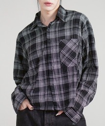 Chikashitsu +（チカシツプラス）の「【Chikashitsu +】cropped linen check shirt   【チカシツプラス】クロップドリネンチェック長袖シャツ（シャツ/ブラウス）」