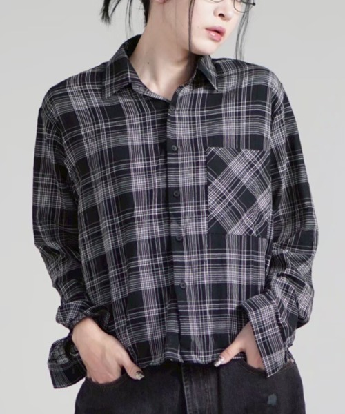 Chikashitsu +(チカシツプラス)の「【Chikashitsu +】cropped linen check shirt / 【チカシツプラス】クロップドリネンチェック長袖シャツ(シャツ/ブラウス・メンズ・ホワイト/ブラック/ネイビー・ONE SIZE)」の21枚目の写真