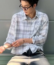 Chikashitsu +（チカシツプラス）の「【Chikashitsu +】cropped linen check shirt / 【チカシツプラス】クロップドリネンチェック長袖シャツ（シャツ/ブラウス）」