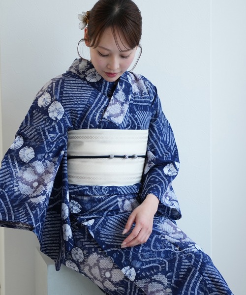 有松絞り　浴衣　紺色　花 有松絞り浴衣3点セット utatane 紺色に流水花（浴衣）｜utatane