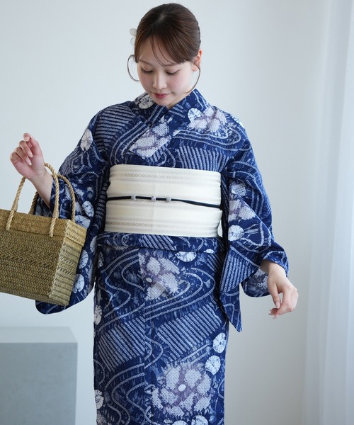 有松絞り浴衣3点セット utatane 紺色に流水花（浴衣）｜utatane