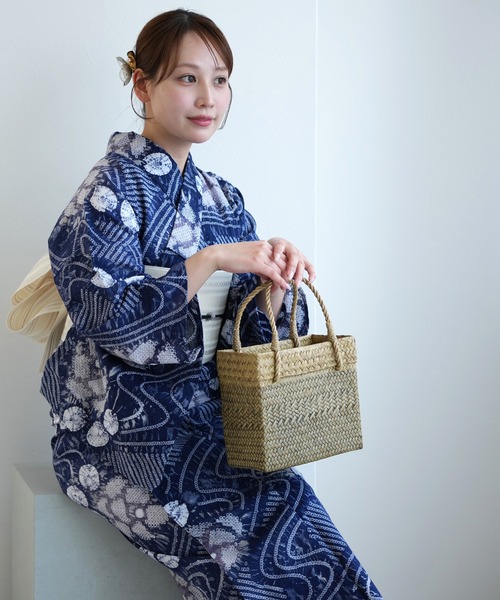 有松絞り浴衣3点セット utatane 紺色に流水花（浴衣）｜utatane