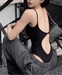 ampm（エーエムピーエム）の「リブミューズ・カットアウトキャミボディスーツ（キャミソール）」