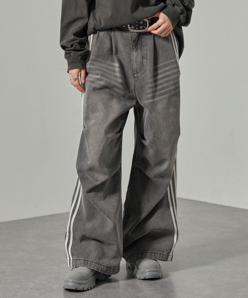 セール】【Alfred Alex】Vintage Side-Line Wide Denim Pants/サイド