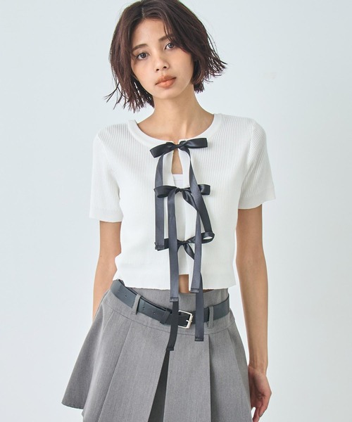 tシャツ 2wayリボントップス レディース Re:EDIT tシャツ ストレッチリブ前後2WAYリボンデザイントップス