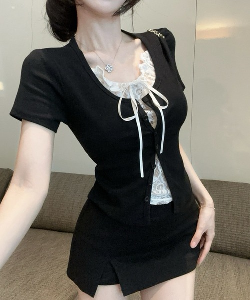 Dormiir(ドルミール)の「【Dormiir】レースレイヤード風半袖トップス / カットソー(Tシャツ/カットソー・レディース・ホワイト/ブラック/グレー・FREE)」の2枚目の写真