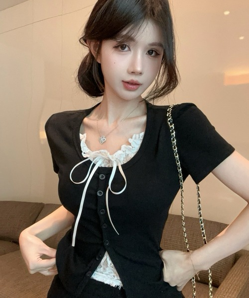 Dormiir(ドルミール)の「【Dormiir】レースレイヤード風半袖トップス / カットソー(Tシャツ/カットソー・レディース・ホワイト/ブラック/グレー・FREE)」の6枚目の写真