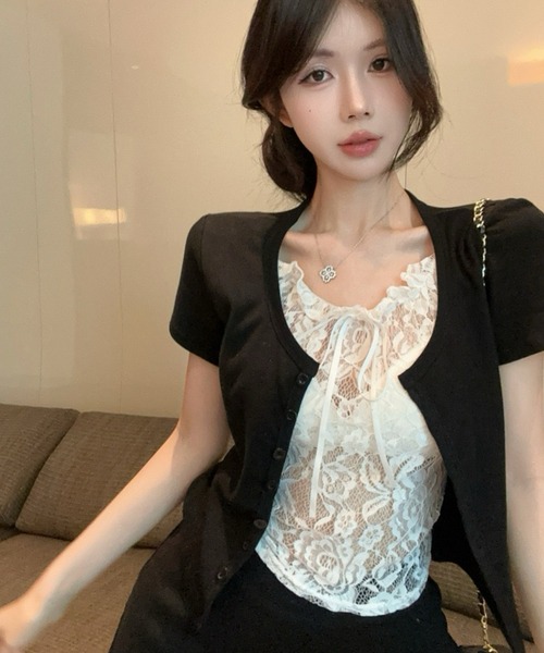 Dormiir(ドルミール)の「【Dormiir】レースレイヤード風半袖トップス / カットソー(Tシャツ/カットソー・レディース・ホワイト/ブラック/グレー・FREE)」の7枚目の写真