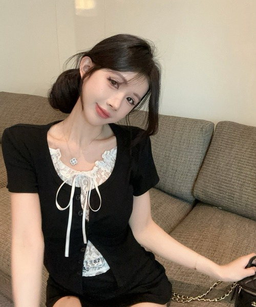 Dormiir(ドルミール)の「【Dormiir】レースレイヤード風半袖トップス / カットソー(Tシャツ/カットソー・レディース・ホワイト/ブラック/グレー・FREE)」の9枚目の写真