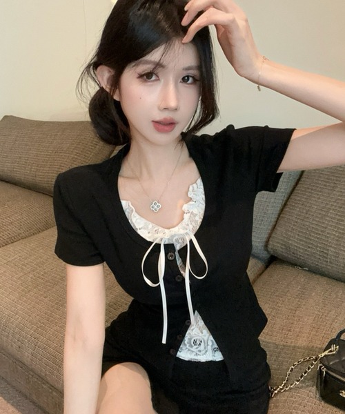Dormiir(ドルミール)の「【Dormiir】レースレイヤード風半袖トップス / カットソー(Tシャツ/カットソー・レディース・ホワイト/ブラック/グレー・FREE)」の10枚目の写真