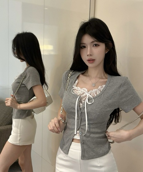 Dormiir(ドルミール)の「【Dormiir】レースレイヤード風半袖トップス / カットソー(Tシャツ/カットソー・レディース・ホワイト/ブラック/グレー・FREE)」の11枚目の写真