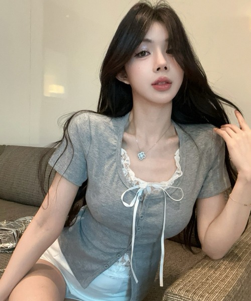Dormiir(ドルミール)の「【Dormiir】レースレイヤード風半袖トップス / カットソー(Tシャツ/カットソー・レディース・ホワイト/ブラック/グレー・FREE)」の14枚目の写真
