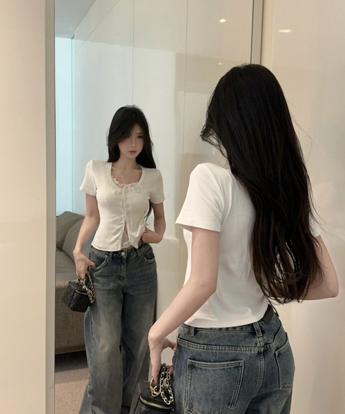 Dormiir(ドルミール)の「【Dormiir】レースレイヤード風半袖トップス / カットソー(Tシャツ/カットソー・レディース・ホワイト/ブラック/グレー・FREE)」の19枚目の写真